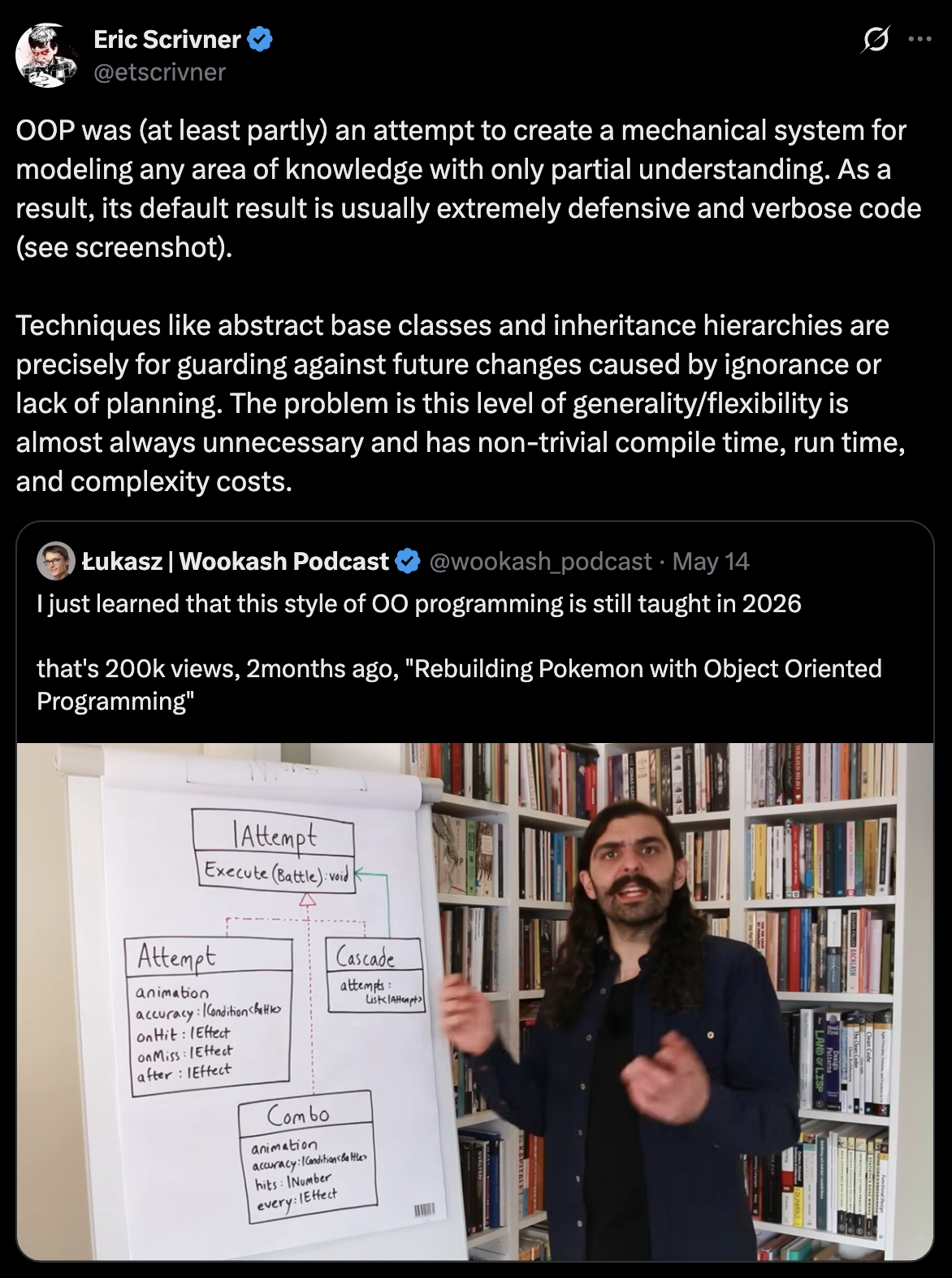 OOP was (at least partly) an attempt to create a mechanical system for modeling any area of knowledge with only partial understanding. As a result, its default result is usually extremely defensive and verbose code (see screenshot). Techniques like abstract base classes and inheritance hierarchies are precisely for guarding against future changes caused by ignorance or lack of planning. The problem is this level of generality/flexibility is almost always unnecessary and has non-trivial compile time, run time, and complexity costs.